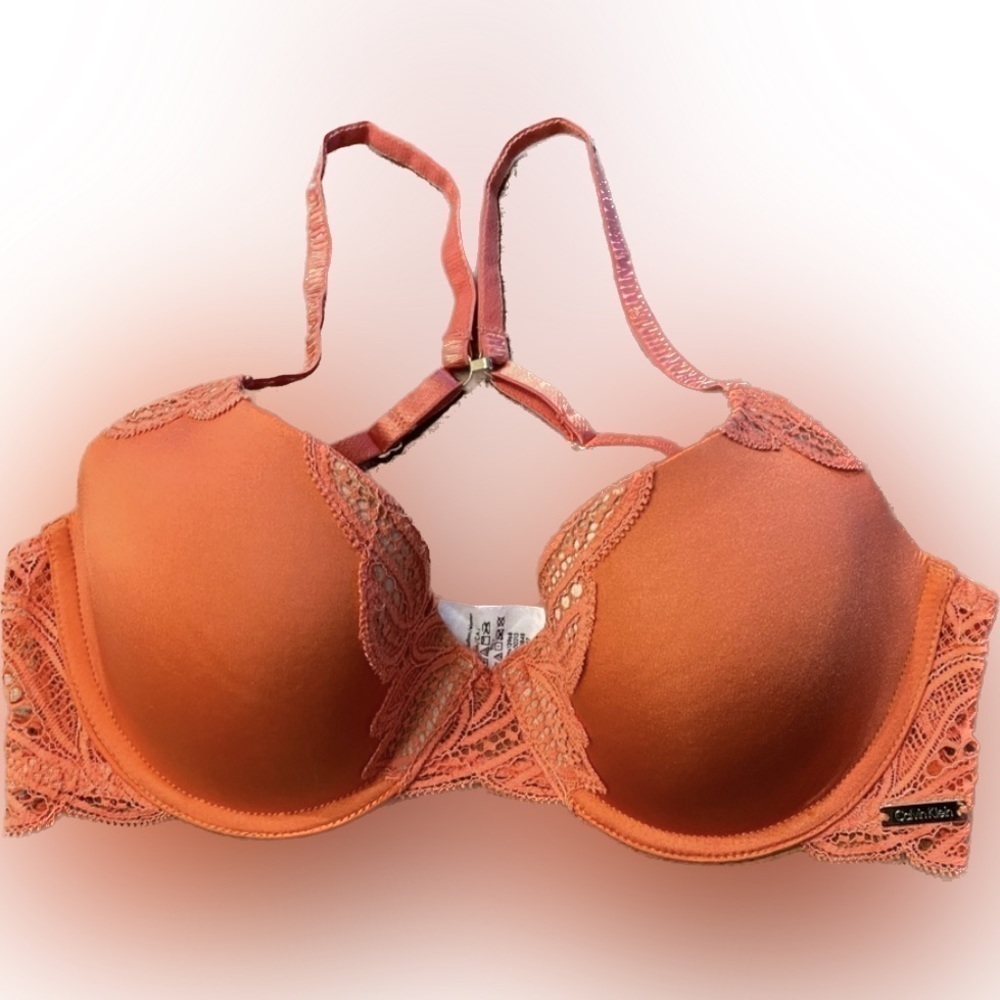 Calvin Klein Orange Lace Underwire Padded Push-Up Bra Size 34C, Back Closure